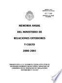 Memoria anual del Ministerio de Relaciones Exteriores y Culto